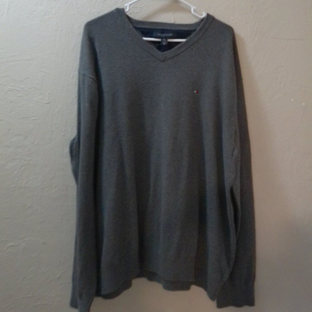 Tommy Hilfiger Men’s V-Neck Sweater Gray Cotton Knit Pullover Size XXL